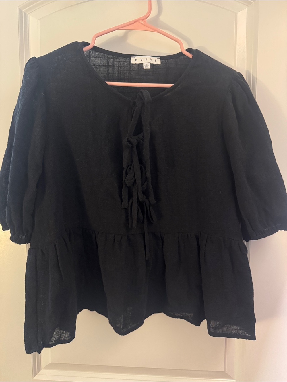 HYFVE Black Tie-Front Peasant Blouse